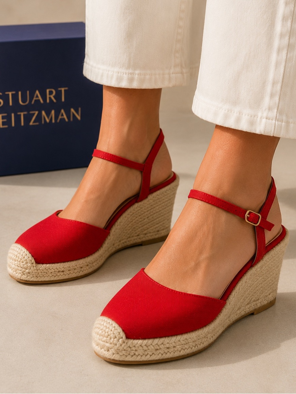 EUC Stuart Weitzman Red Canvas Espadrille Wedge Sandals, US11